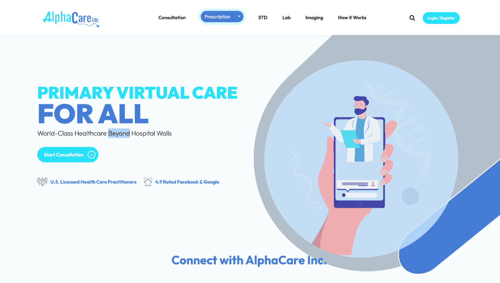 AlphaCare - Online telemedicine platform connecting patients with licensed doctors based on location and medical needs.