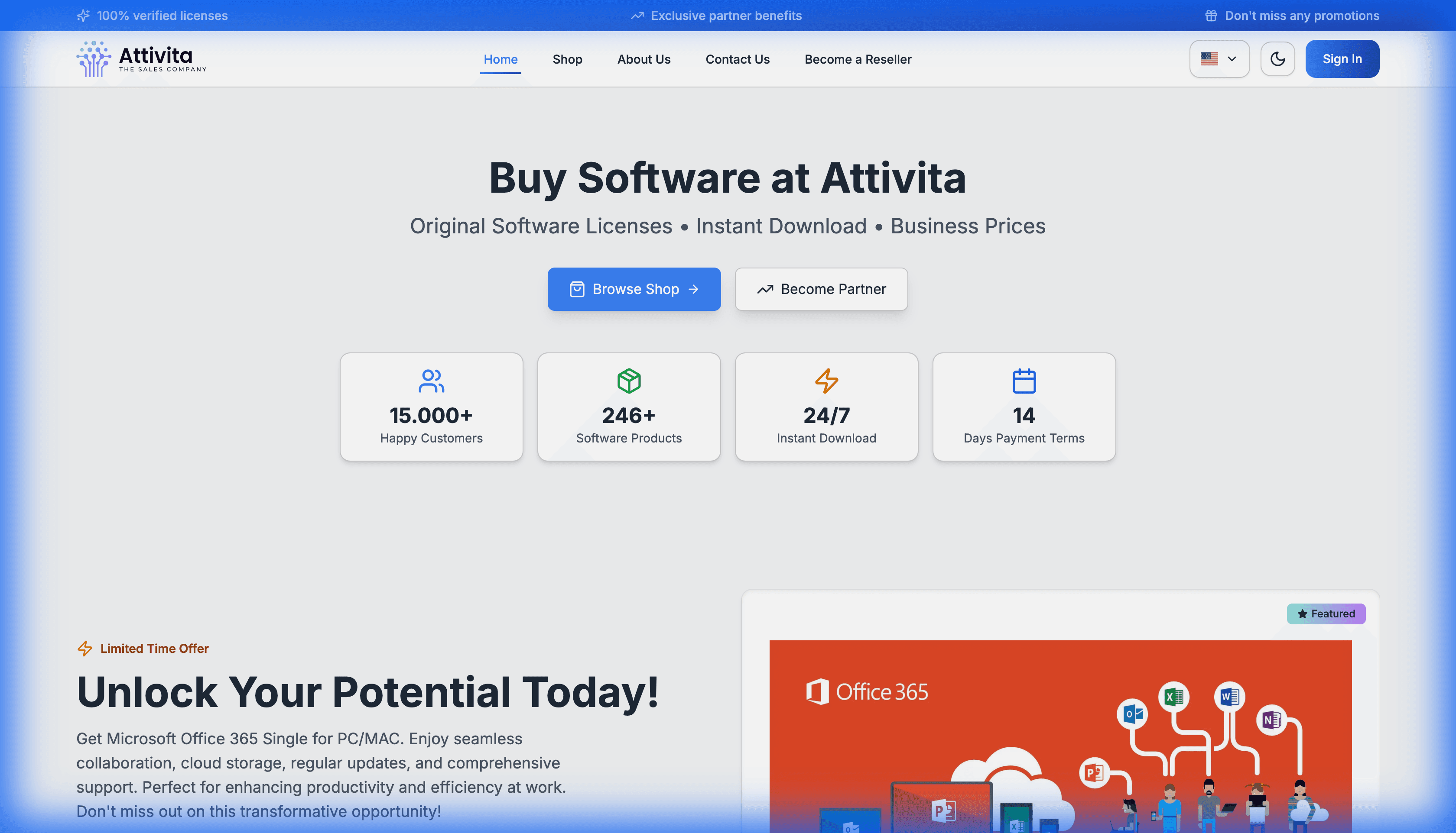 Attivita - E-commerce platform for software licensing with instant digital delivery, featuring Microsoft 365, Kaspersky, and McAfee products.