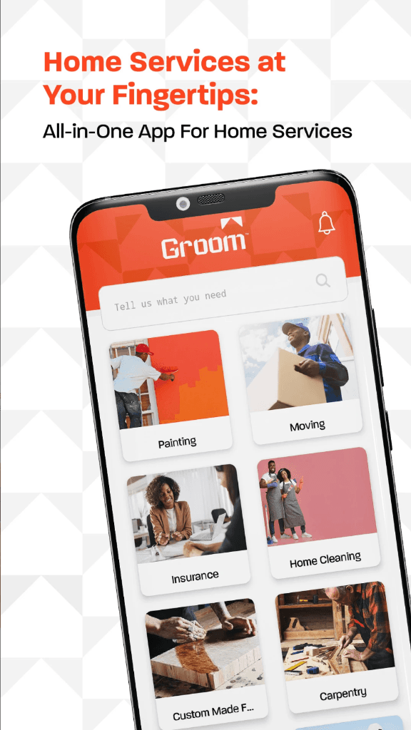 Groom - Home services platform connecting users with professionals for plumbing, gardening, repairs, and more.