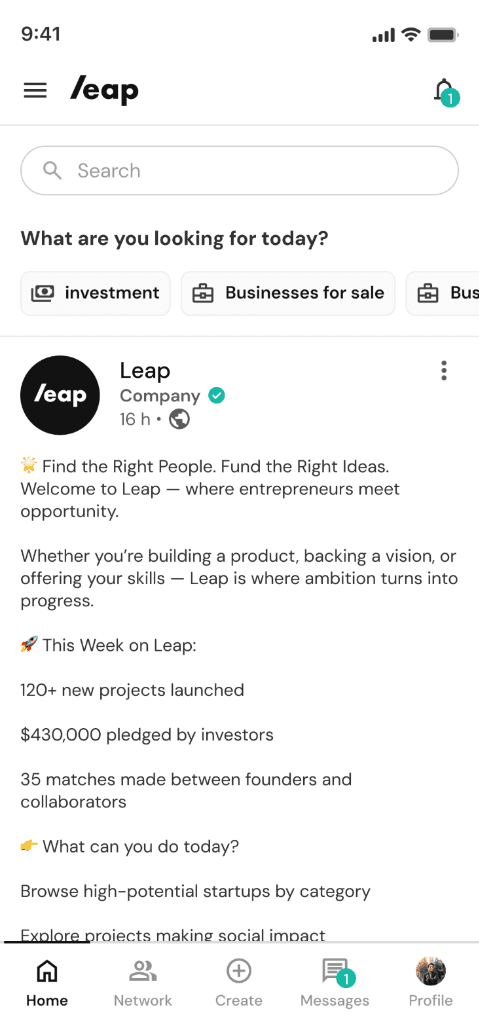 Leap.ai - Networking platform for investors and founders to share structured offers and close real deals.