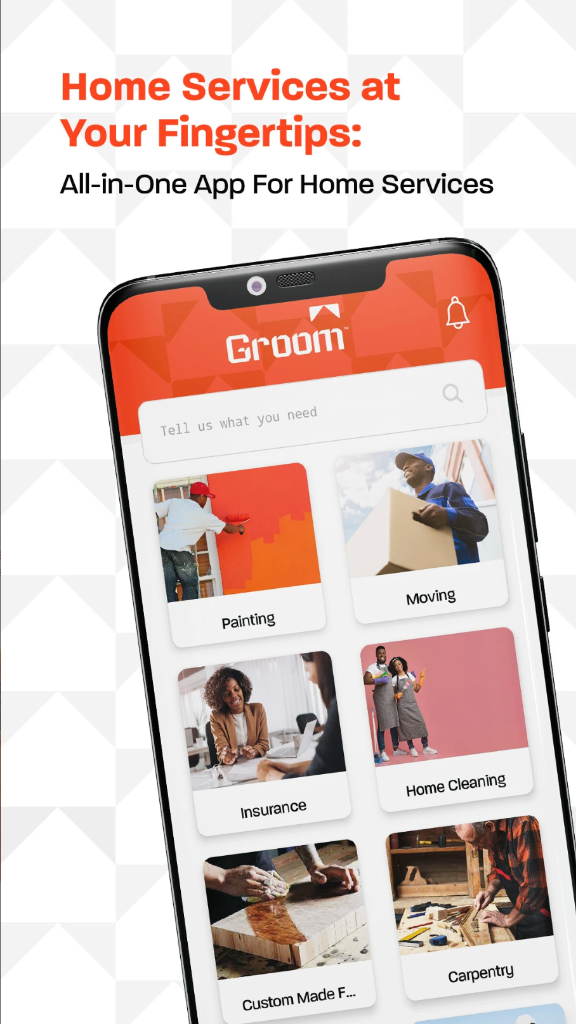 Groom - Home services platform connecting users with professionals for plumbing, gardening, repairs, and more.