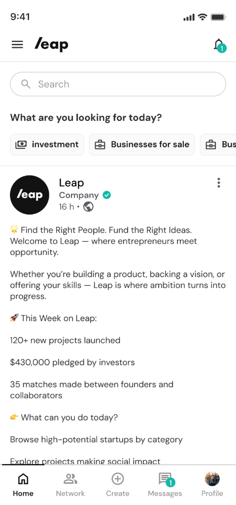 Leap.ai - Networking platform for investors and founders to share structured offers and close real deals.